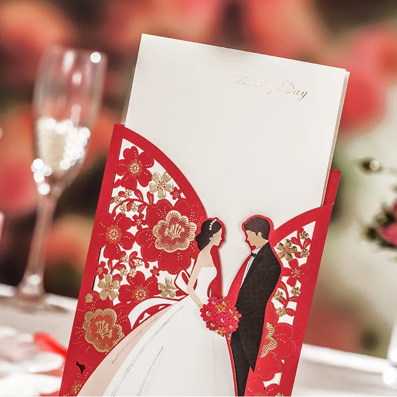 Свадебные украшения красная лазерная резка свадебные приглашения 50 шт. Роскошные элегантные Пригласительные открытки жениха невесты для свадьбы