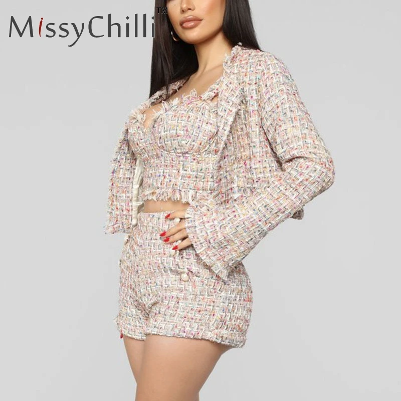 MissyChilli Lurex tweed Клубные костюмы из трех предметов женский сексуальный блейзер с длинным рукавом пальто женские осенние элегантные вечерние пиджаки