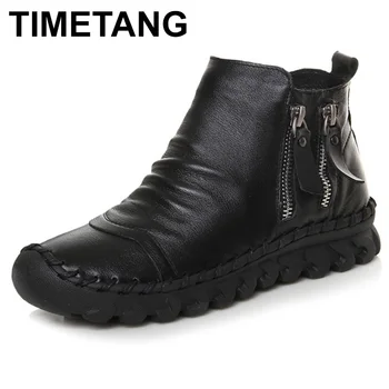 

TIMETANG Cow Leather Women Ankle Boots Flat Round Toe Handmade Leather Shoes Autumn Platform Women Boots Black Bota Feminina