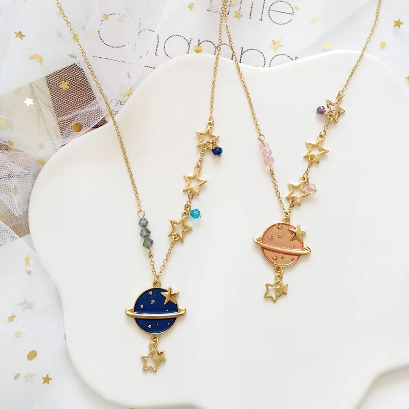 

Korean Fashion Wild Dream Planet Pendant Necklace Temperament Sweet Crystal Star Clavicle Chain Women Girl Creative Accessories
