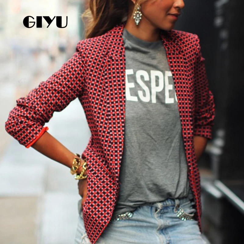 GIYU Spring Red Women Plaid Printing Blazer Long Sleeve Notched Jackets Sexy Slim Tops Casual camiseta mujer