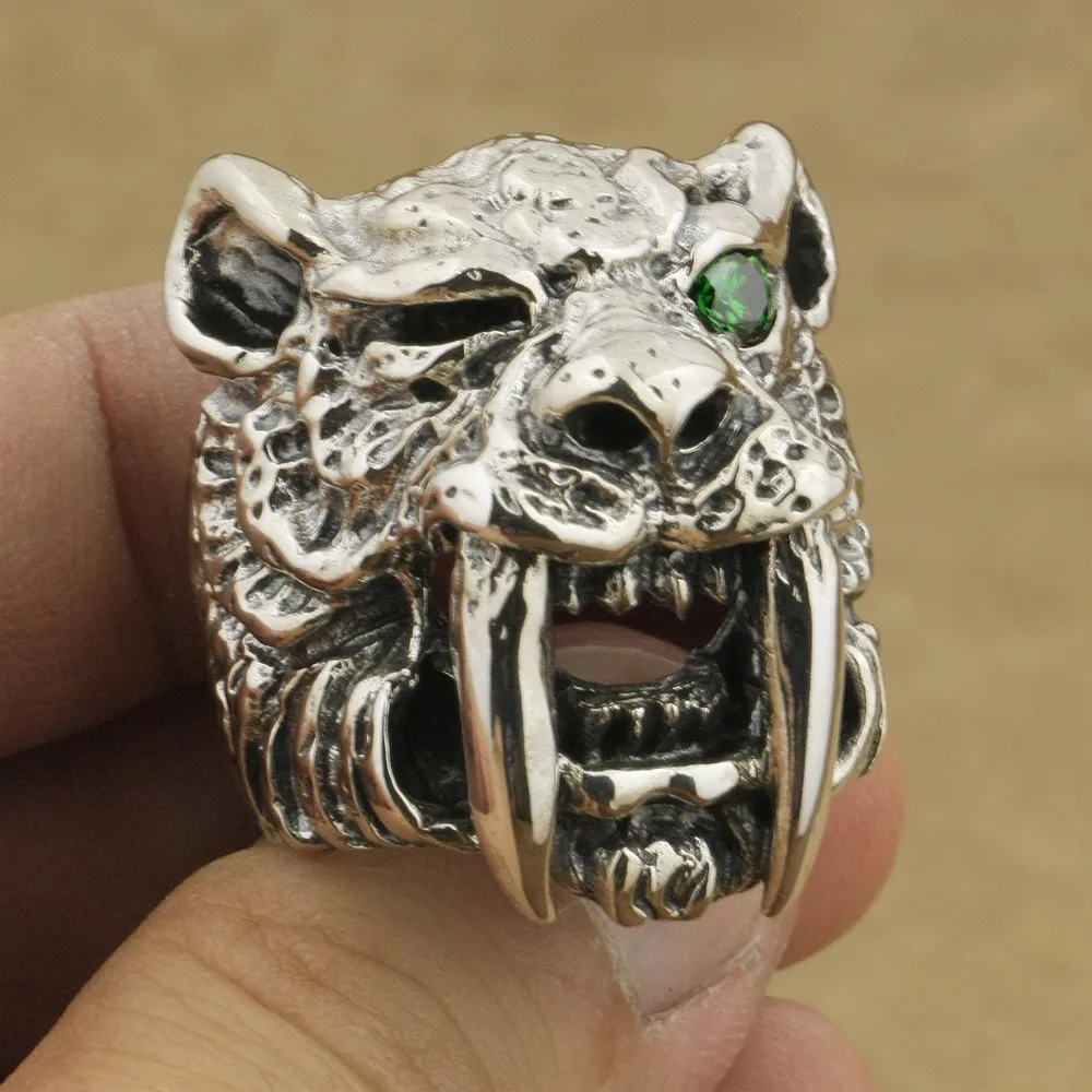 

925 Sterling Silver Green CZ Sabretooth Ring Mens Biker Tiger Ring TA18A US 7~15