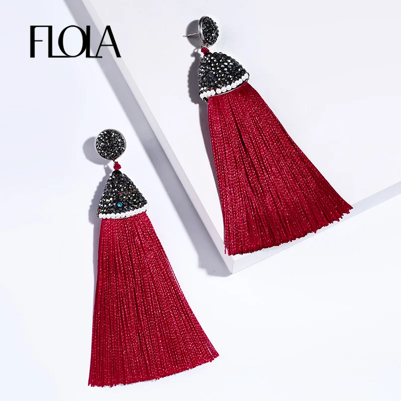 

FLOLA New Arrival Red Boho Long Tassel Earrings Handmade Fringe Crystal Beads Earring Girl Fashion Jewelry oorbellen ersk68