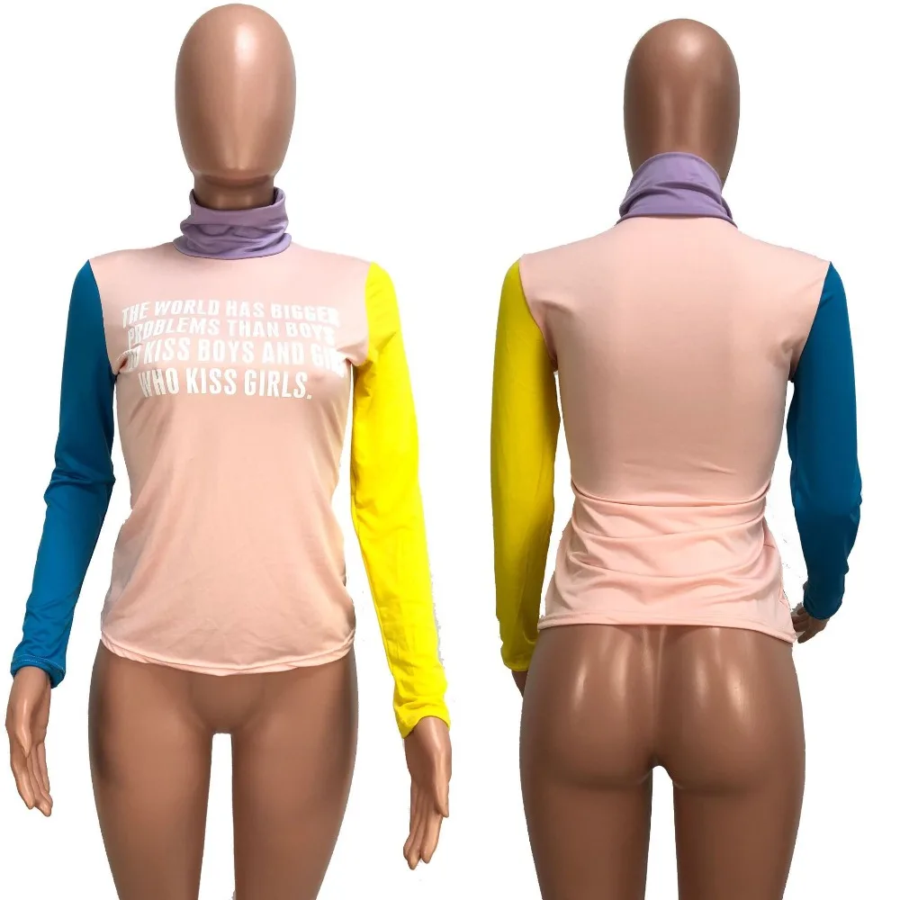 Новое поступление пикантные футболка водолазка принт с буквами сексуальный топы для Для женщин рубашка с длинными рукавами Femme R6126