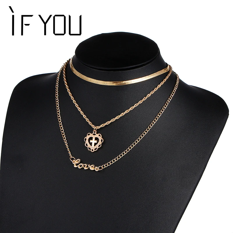 

IF YOU Fashion Hollow Flower Cross Pandent Necklace Sexy Bohemia Multilayer Letter Statement Chain Necklaces For Women