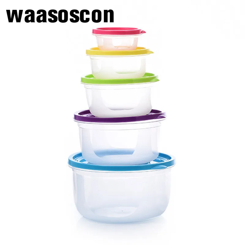 

5Pcs Sealed Round Crisper Refrigerator Plastic Rainbow Bento Food Storage Boxes Preservation Box Lunch Boxes Container Kitchen