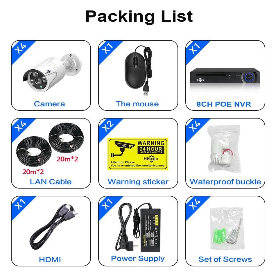 H.265 sistema CCTV NVR POE kit de 8ch 4MP resistente al agua cámara IP POE bala casa sistema de cámaras de seguridad al aire libre bajo lux onvif Hiseeu - 6
