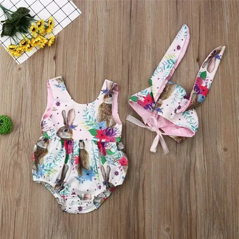 

Novelty Newborn Toddler Baby Girls Clothes Sets Easter Costume Rabbit Flowers Print Tank Romper Buuny Ears Hat 2Pcs Outfit 0-24M