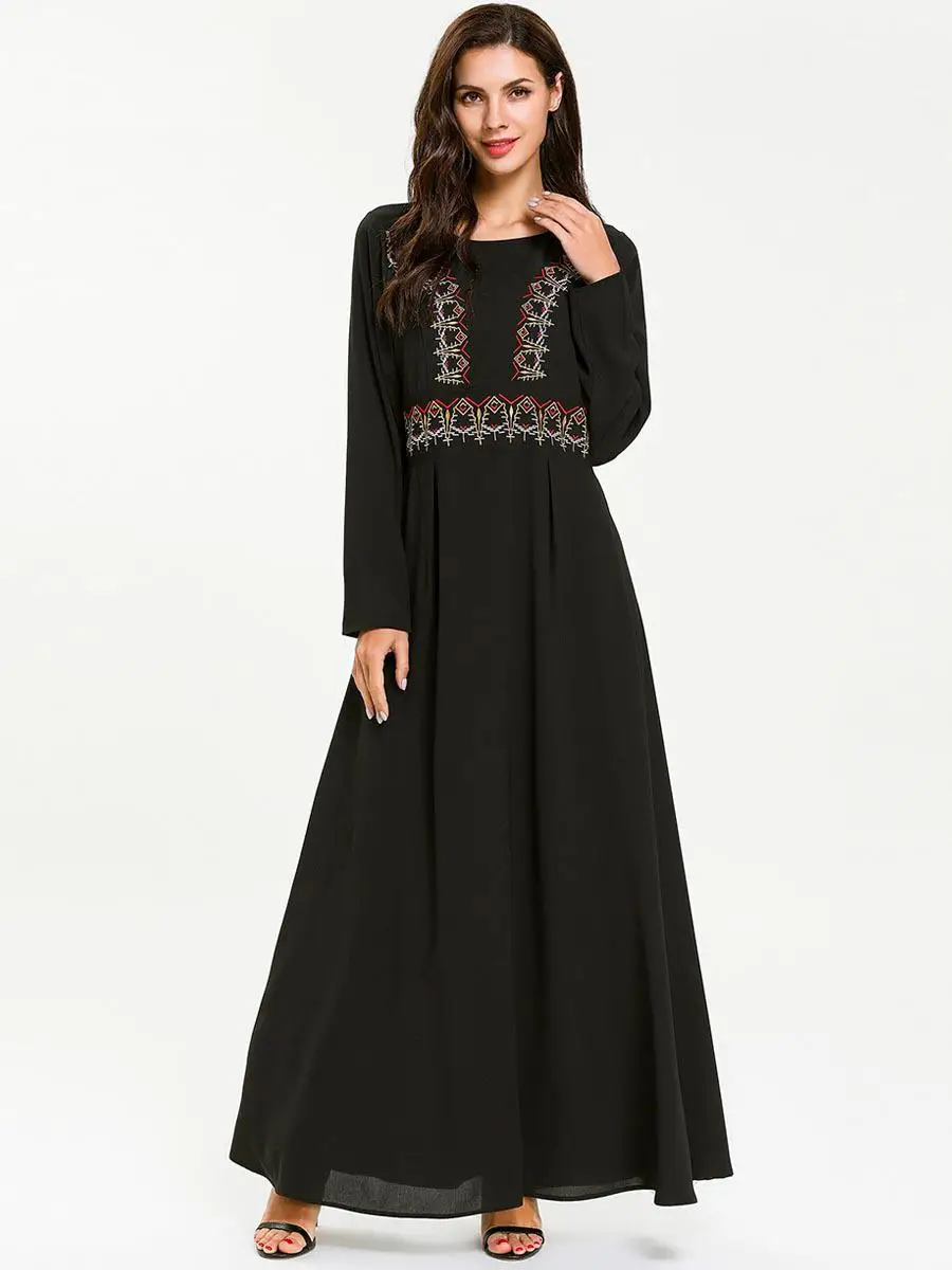 Абая Дубай Кафтан Вышивка Черное Длинное Платье женское мусульманское платье вечерние платье арабское с o-образным вырезом Турция ОАЭ платья Рамадан Мода