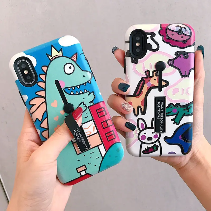 

Cartoon dinosaur animals Hide Ring case for iphone X XR XS XS Max Stand Holder Phone Cases for iphone 6 6s 7 8 7plus cover