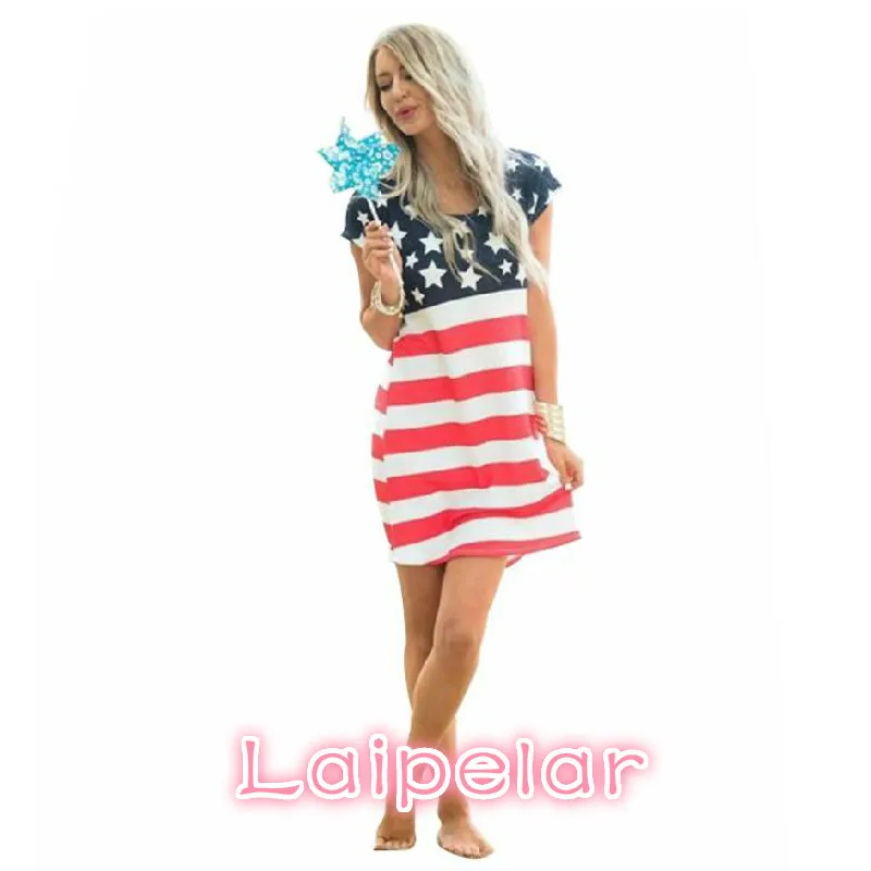 

2018 Women Summer Dress Short Sleeve Casual American Flag Printed Stripe Patchwork Mini Dress for Female Laipelar