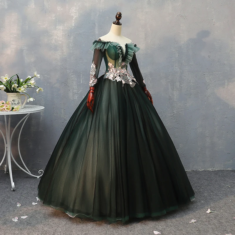 Настоящее карнавальное темно-зеленое платье феи с вышивкой, средневековое платье Ренессанса, платье королевы Викторианского/Marie/Belle, бальное платье