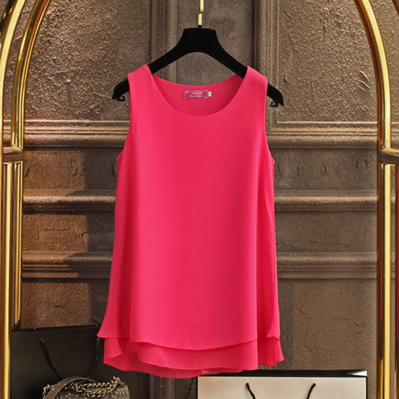 2019 New Solid color Women Long Chiffon shirt summer Casual Top plus size S-6XL Loose sleeveless Blouse Double chiffon Blouses