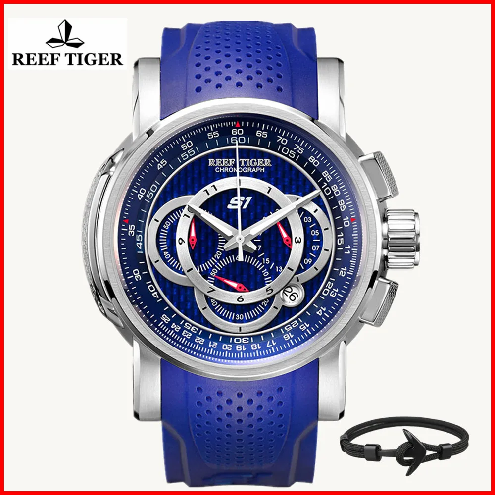 

Reef Tiger/RT Mens Sport Watch Chronograph Date 316L Steel Big Blue Dial Rubber Strap Quartz Watches Waterproof Relogio RGA3063