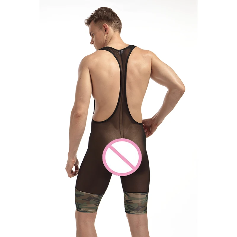 Men Mesh Swimsuit Sexy Fashion See Camouflage Soft Breathable Underwear Transparent Shorts Bodysuits Boxers Wrestling Suits