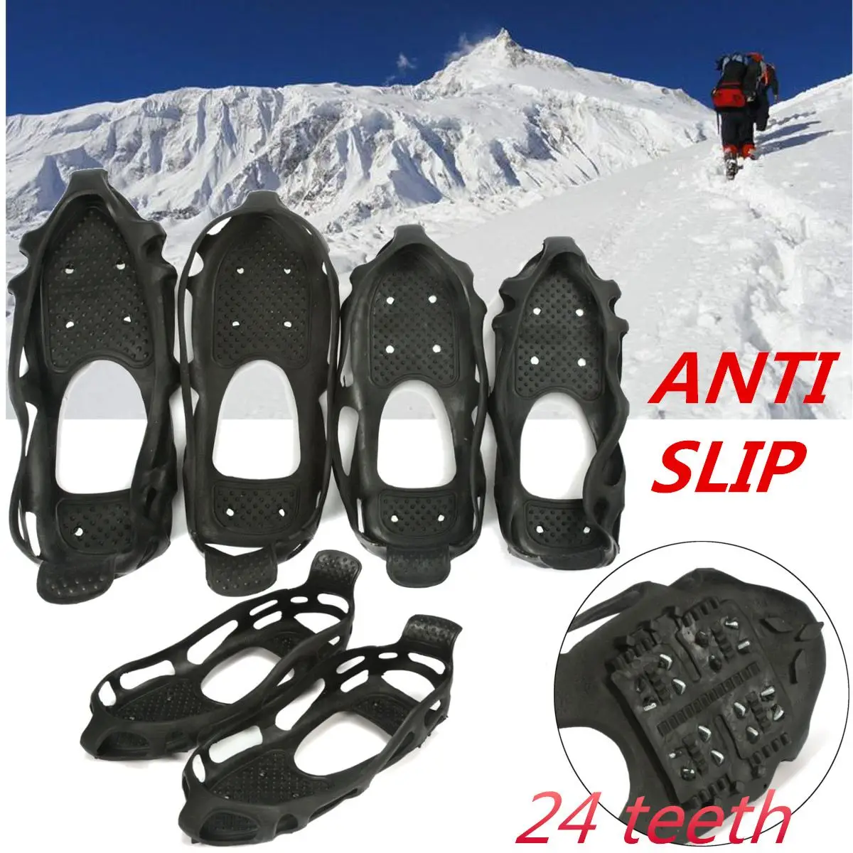 1 Pair Ice Grippers, 24 Spikes Anti Slip Elastic Shoe Boot Grip Ice