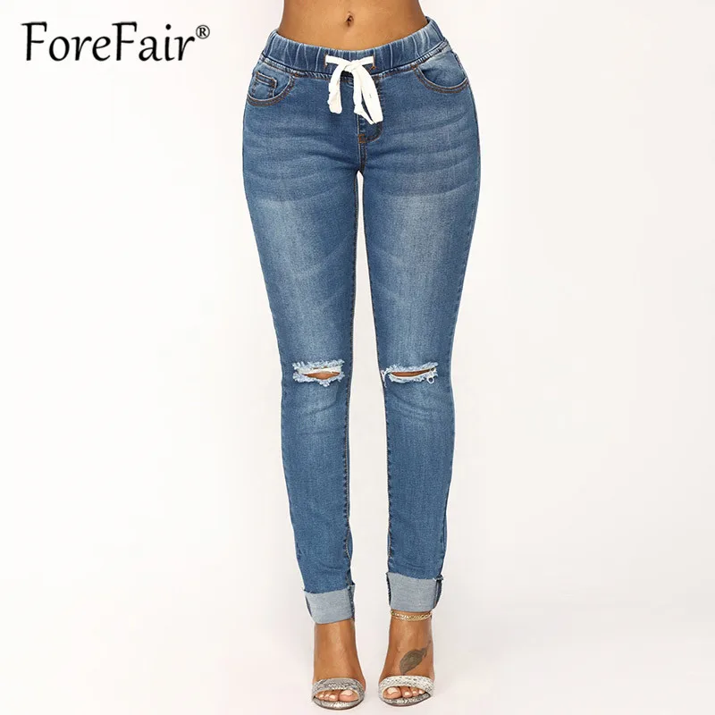 Forefair Casual High Waist Jeans 2019 Elastic Drawstring Skinny Denim Pencil Pants For Women