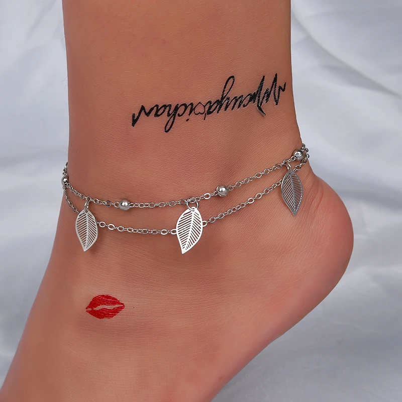 

Fashion Vintage Beach Multilayer Anklets For Women Tassel Leaf Butterfly Crystal Double-layer Anklet Foot Bracelet Bijoux Pieds