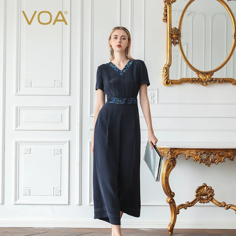 

VOA 100% Heavy Silk Jumpsuits High Waist Tunic Summer Women Jumpsuit High Quality Luxury V Neck Short Sleeve Ladies Clothes K657