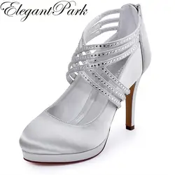 Женская обувь высокий каблук Серебряный Белый Кот горный хрусталь молния с перекрестными ремешками на платформе атласная невесты