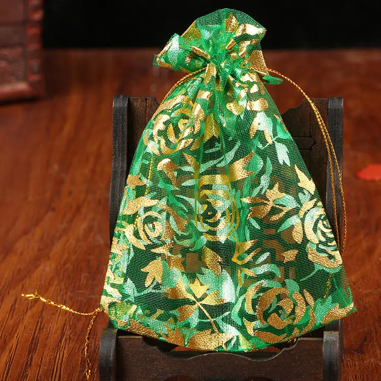 100 шт/партия маленький пакетик из органзы 9x12 см Роза дизайн свадебные ювелирные изделия Подарочная сумка мешок со шнурком сувениры Ювелирные изделия Упаковочные сумки - Цвет: Grass Green