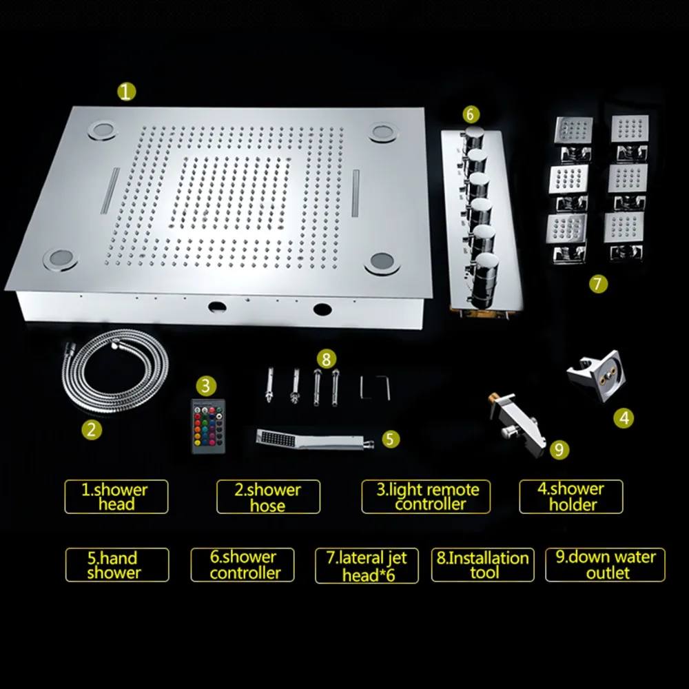 Ванная комната Роскошный стиль 600X800 мм большой светодиодный набор для душа термостатический спа Массажная Душевая система