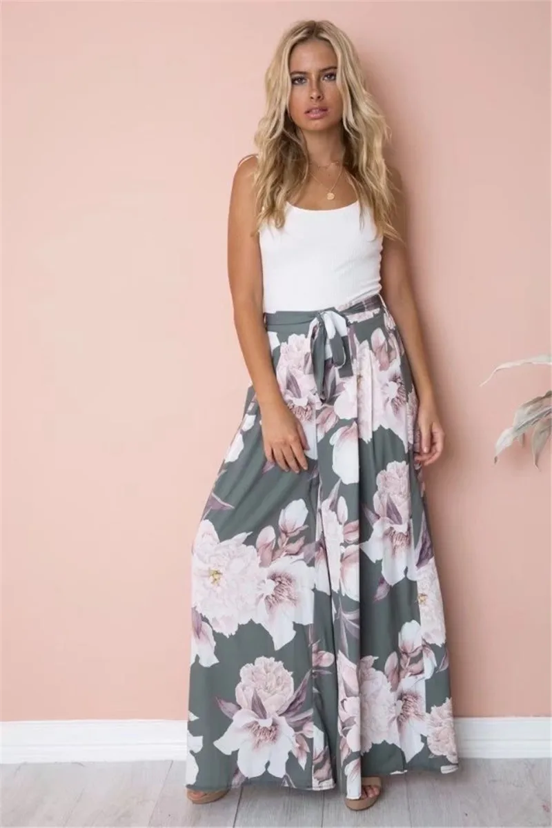 Casual High Waist Long Pant Sexy Floral Print Wide Leg Pants 2019 Summer Bohemian Elastic Waist Belt Beach Pants Casual High Waist Long Pant Sexy Floral Print Wide Leg Pants 2019 Summer Bohemian Elastic Waist Belt Beach Pants