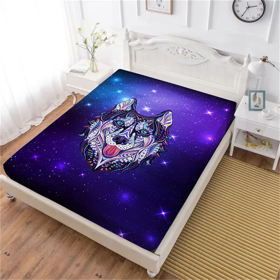 Colorful Animal Print Bed Sheet Husky Dog Printed Fitted Sheet White Purple Galaxy Soft Bedclothes King