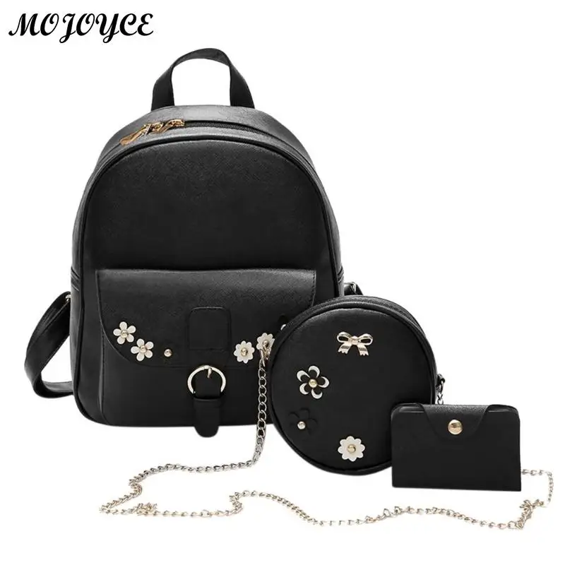 

3 Pcs/Set Women Backpack Bowknot PU Leather Backpacks Chain Casual Shoulder Card Students School Bags New Arrival Girls Rucksack