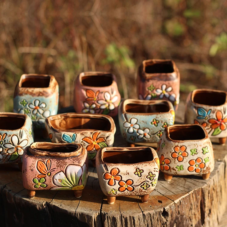 Korean Simple Fleshy Flower Pot Ceramic Hand-painted Fresh Thumb Pot Coarse Pottery Permeable Pot Peach Egg Flesh Flower