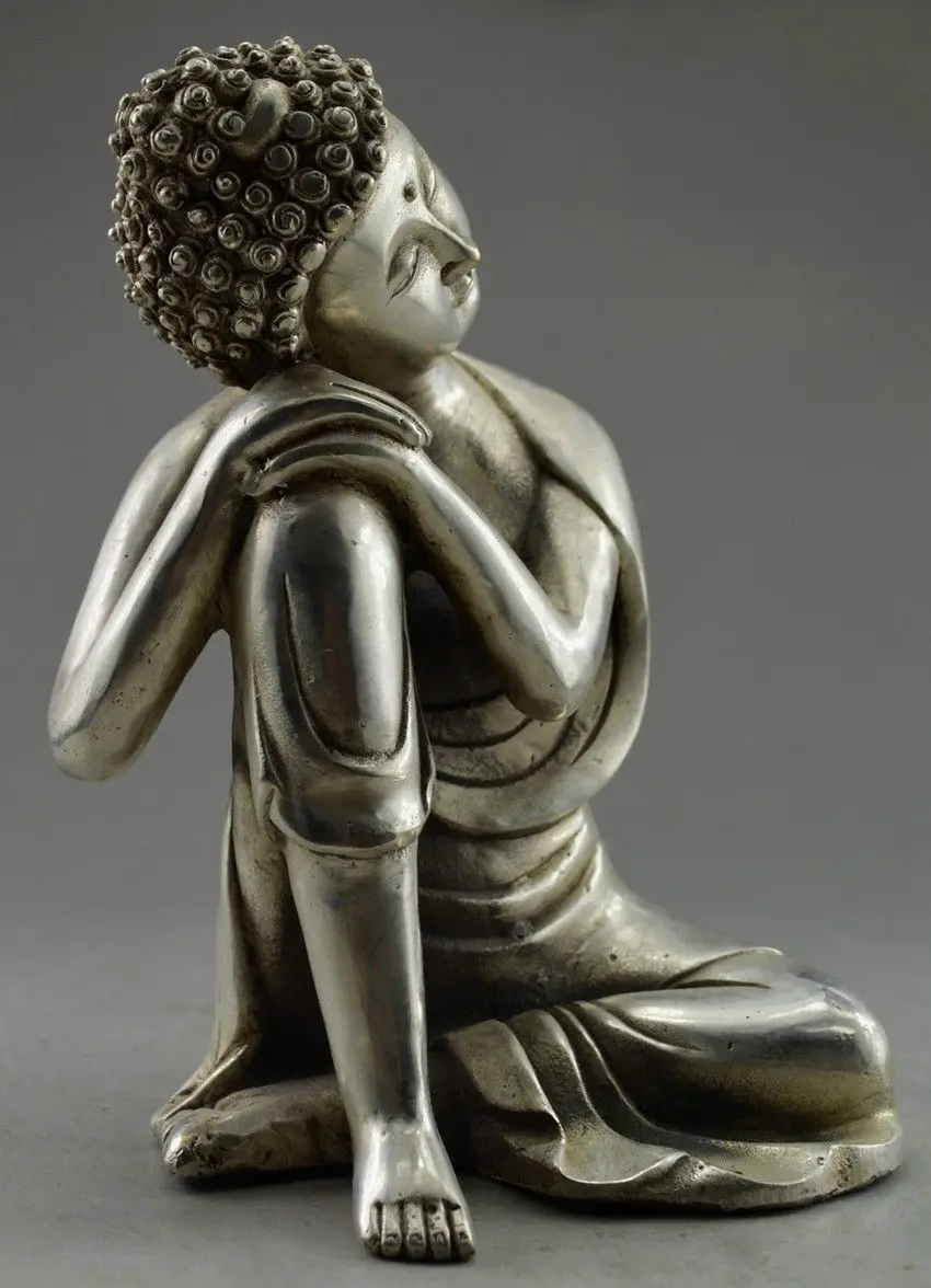 

Collectible Decorated Old Handwork Tibet Silver Carved Buddha Dogsleep Statue