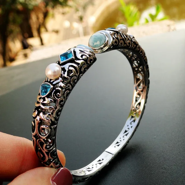 Fine Women Jewelry High Quality Natural Larimar Bracelet Nice Fine Women Jewelry High Quality Natural Larimar Bracelet Nice Bangle 100 925 Sterling Silver