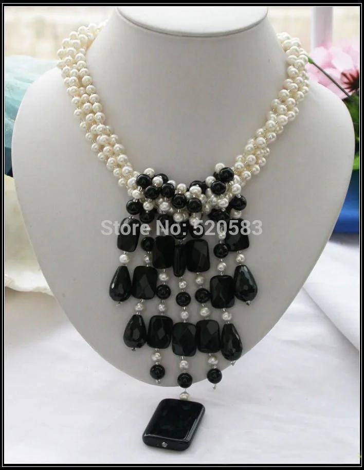 

4row 17" round white FW PEARL black agate NECKLACE