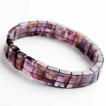 

Natural Cacoxenite Rutilated Quartz Crystal Purple Gold Gemstone Stretch Rectangle Bead Bracelet