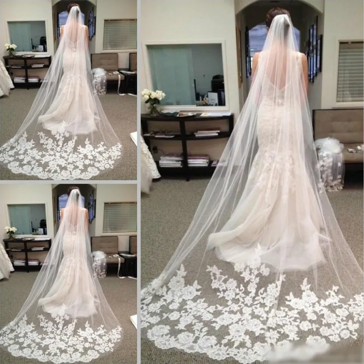 

Romantic 3 M Wedding Veil 3D Flowers Appliquesd One Ladyer Bridal Veils With Comb Veu De Noiva Cathedral Wedding Accessories