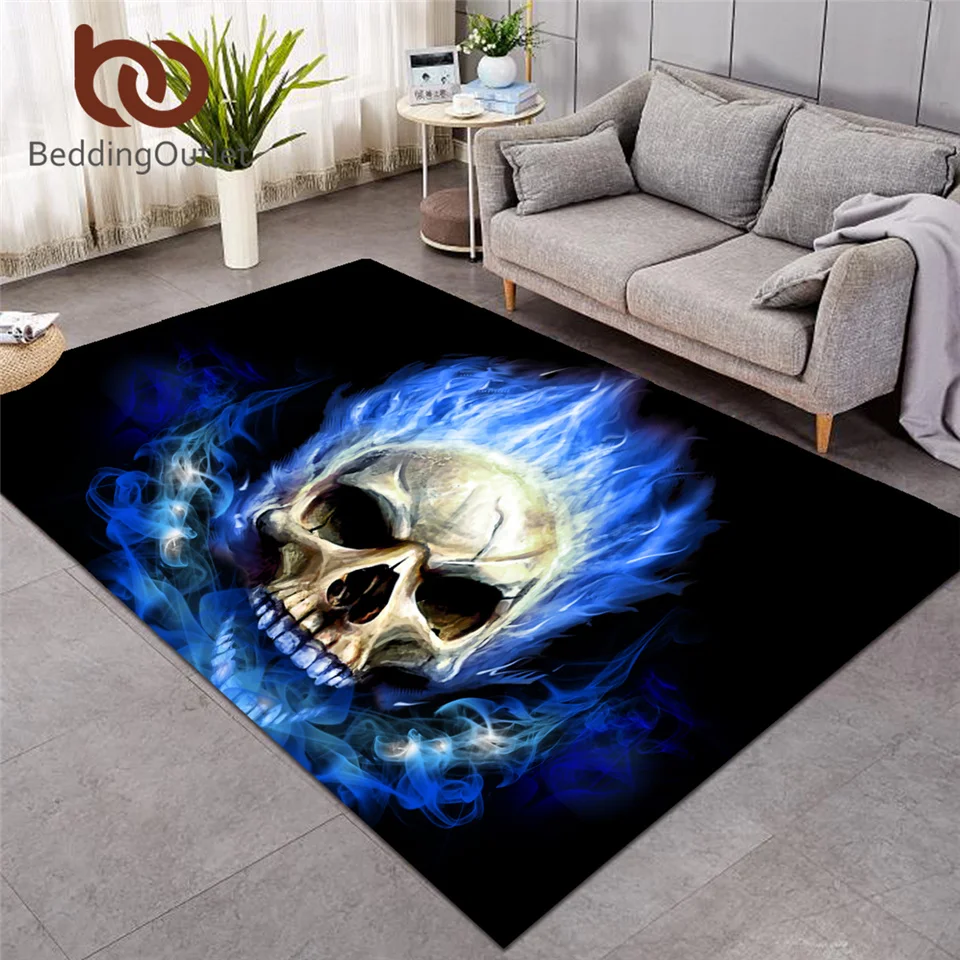 

BeddingOutlet 3D Printed Area Rugs Flame Skull Gothic Rectangular Carpets Blue Fire Modern Anti-slip Decorative Floor Mat 3 Size