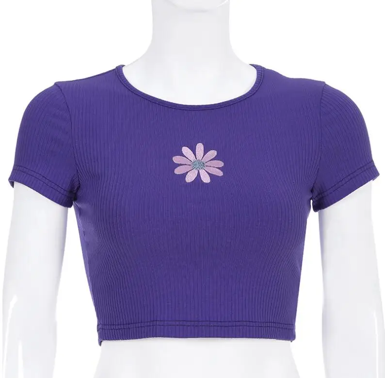 

Summer Women Short Sleeve Embroidery Flower Knitted Purple T shirt