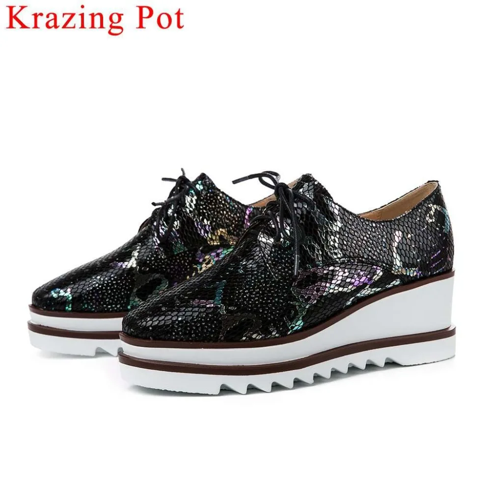 

2019 mixed colors popukar snakeskin pattern luxury natural leather wedges high heels platform lace up loafers leisure pumps L99