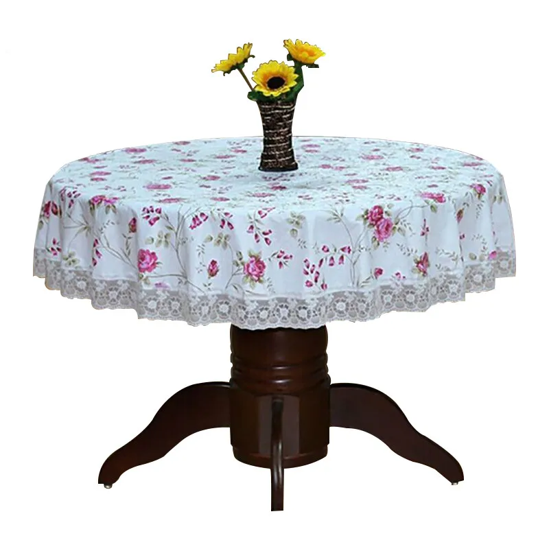 

Pastoral PVC Round Table Cloth Waterproof Oilproof Floral Printed Lace Edge Plastic Table Covers Anti Hot Coffee Tablecloths