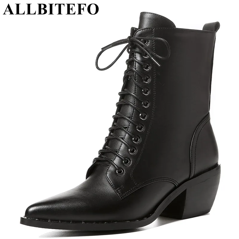 

ALLBITEFO size:34-42 genuine leather thick heel women boots fashion brand high heels ankle boots winter girls motorcycle boots