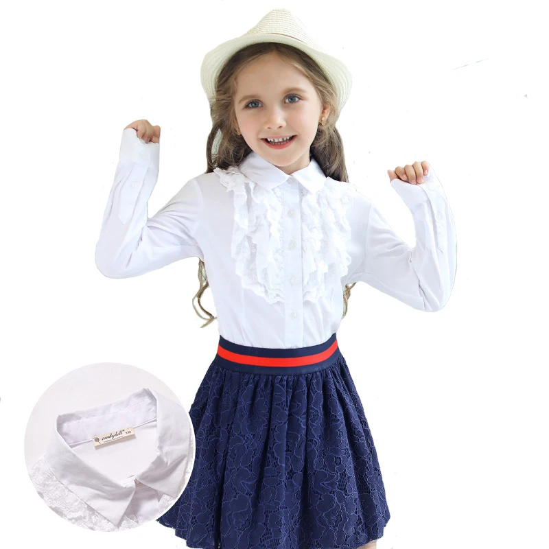 

CANDYDOLL Girls School Blouses Children`s Cotton Shirt Kids Autumn Petals Stitching Long Sleeve White Color Clothes for 3y-12y