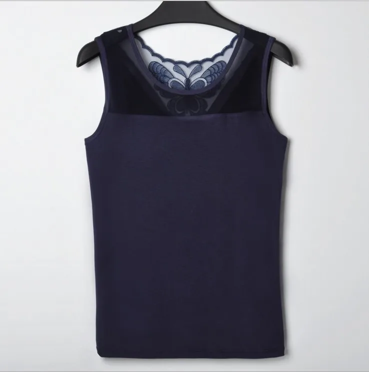 

6 Colors Women O-Neck Elastic Camisoles Sleeveless Soft T-Shirts Female Tank Tops Patch Mesh Embroidery Tees For Woman