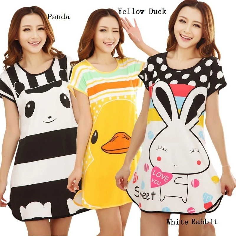 1 Ready Stock Women Pajamas Sleepwear Night Shirt Nightgown Sleep Dress Milk Silk Cartoon Short Sleeve Sleepshirts Home Clothes