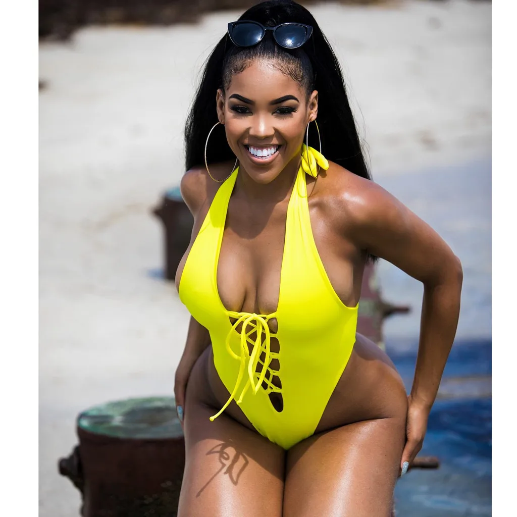 

Female Swimsuits 2019 Women Beach Solid Color Biquinis Strappy Bandge One Piece Bikini Swimsuit Bathing Suit Beachwear Mujer