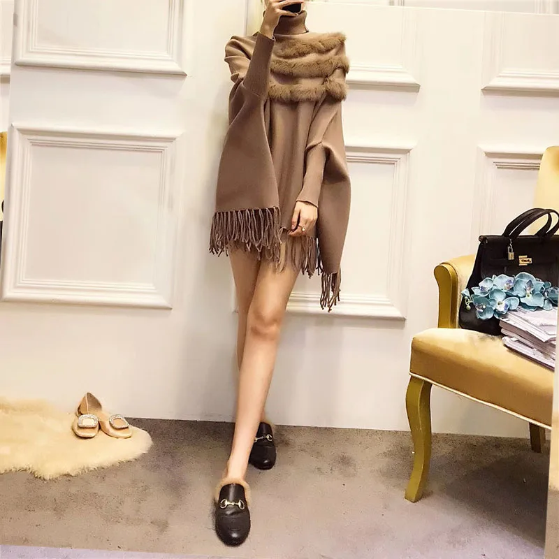 Kaufen Frauen Echt Kaninchen Pelz Mantel Pullover Mantel Neue Ankunft Mode Herbst Dame Hohe Kragen Fledermaus Ärmel Quaste Poncho Pullover Mantel