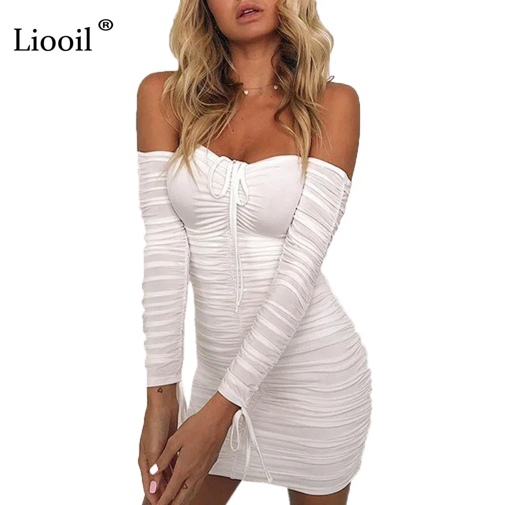 Liooil, сексуальное облегающее платье, женская одежда, осень, платье с открытыми плечами, с длинным рукавом, облегающее, без бретелек, вечерние, драпированные, мини-платья - Цвет: Белый
