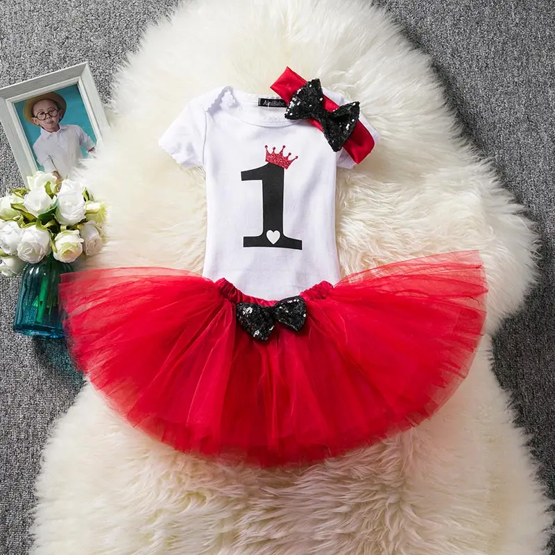 

Infant Clothing Sets One Year Baby Romper+Fancy Tutu Dress +Headband Suits Baby Gift Sets Newborn Baby Girl 1st Birthday Outfits