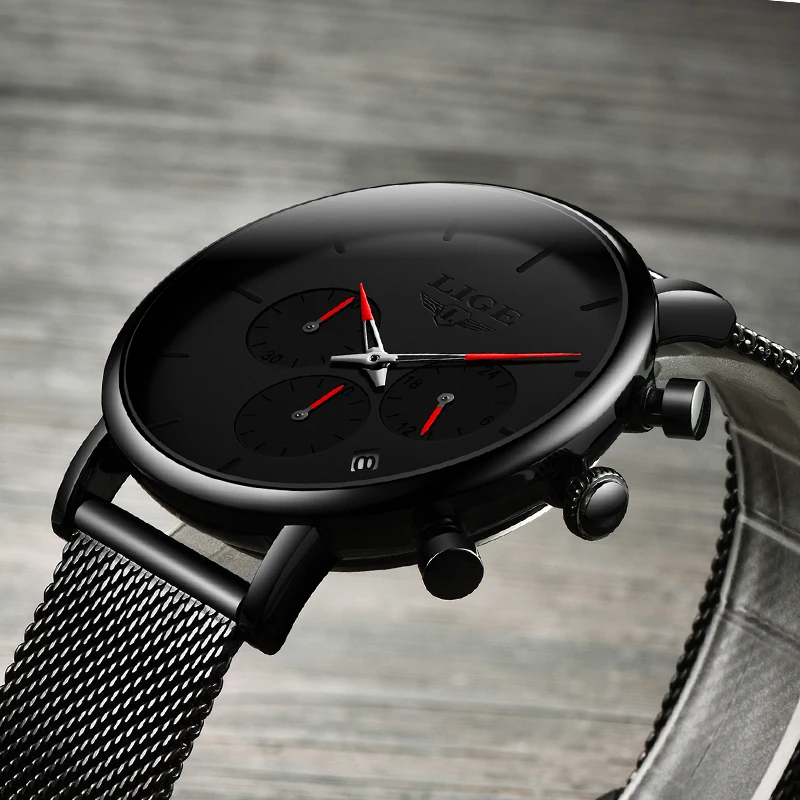 LIGE Top Brand Men Full Steel Mesh Quartz Watch Men Waterproof Sports Watches Fashion Multi-function Chronograph Black Relogio LIGE Top Brand Men Full Steel Mesh Quartz Watch Men Waterproof Sports Watches Fashion Multi-function Chronograph Black Relogio