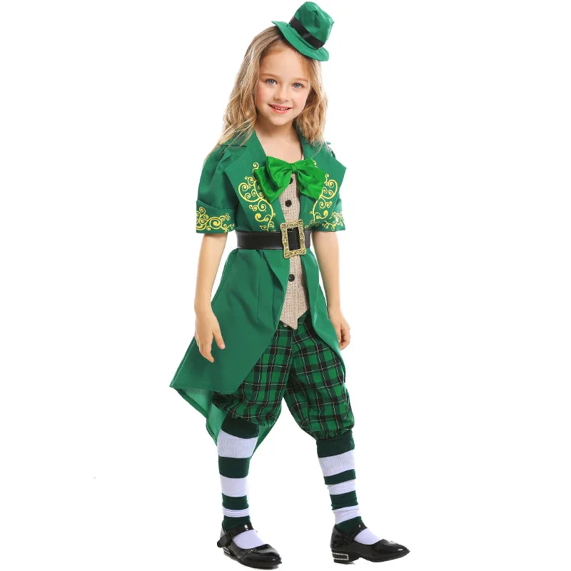 

Girls Irish Family Group Dwarf Costume Children St Patrick Day Elf Outfit Fancy Dress Hat Top Pants Suit