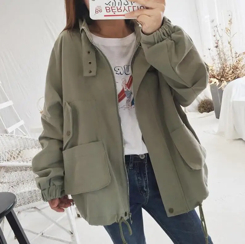 Весенняя женская повседневная куртка-бомбер Harajuku BF, Женская свободная разноцветная куртка с отложным воротником, джинсовое пальто - Цвет: Армейский зеленый